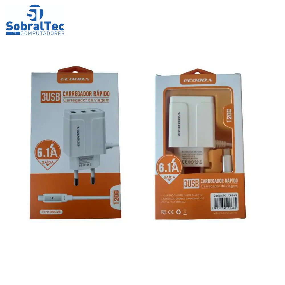 Carregador Rápido Com 3 Portas USB 6.1A Ecooda - EC11068-V8