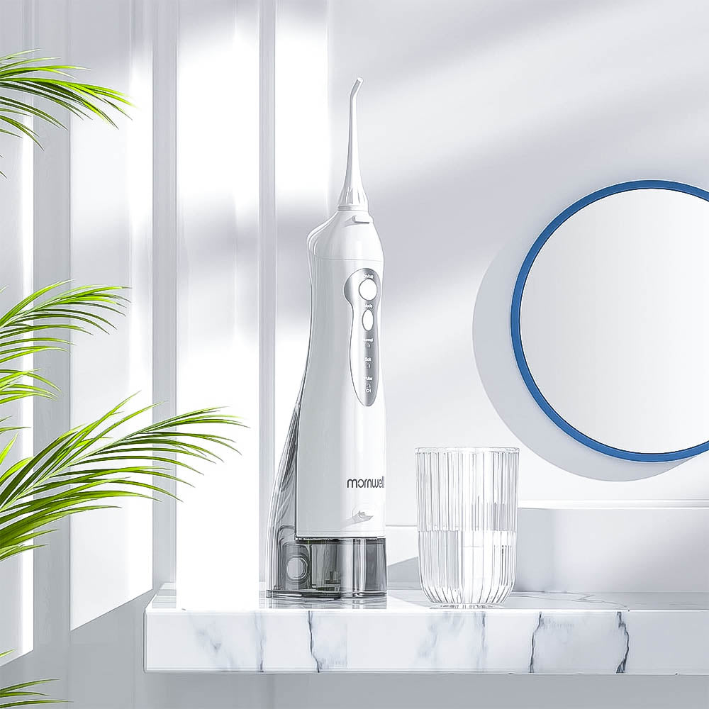 Irrigador Bucal Portátil Recarregável de 3 Modos Mornwell, 300ml e 4 Pontas de Jato Fluxo de Água Ultrafino 100/240v