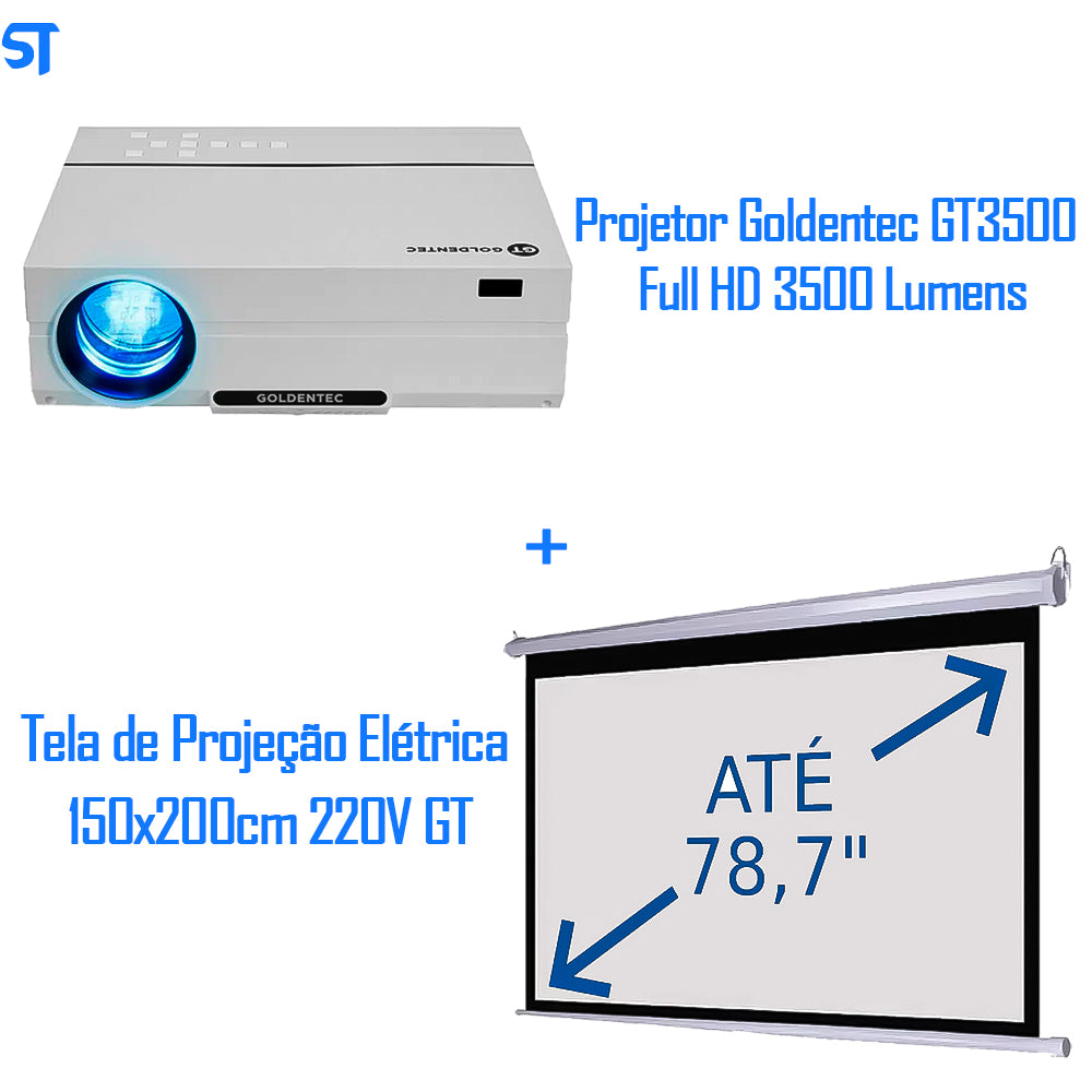 Projetor Goldentec GT3500 Full HD 3500 Lumens com 2 HDMI, 2 USB, AV e VGA + Tela de Projeção Elétrica 150x200cm 220V GT
