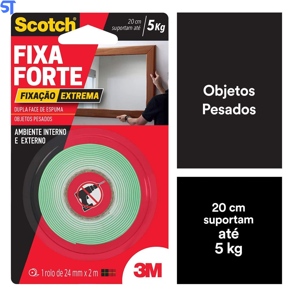 Fita Dupla Face Scotch 3M Fixa Forte Extrema 24 mm x 2 mm Com 3 Metros e 5 Kilos de Força