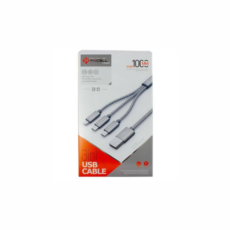 Cabo Usb 3 Em 1 Pmcell Cromo Cb-32 Entrada Micro-Usb, Lightning E Tipo C