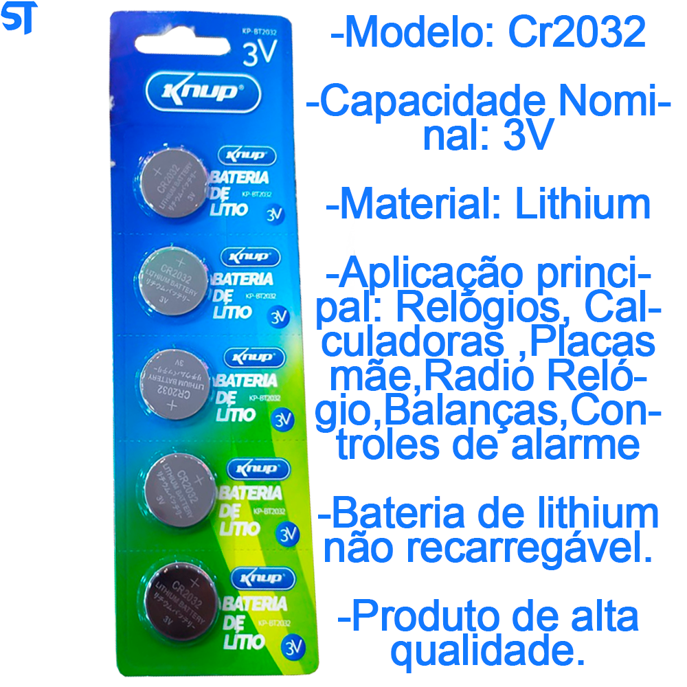 Cartela com 5 Bateria Botão de Lithium 3V Tipo Botão CR2032 Knup Kp-Bt2032