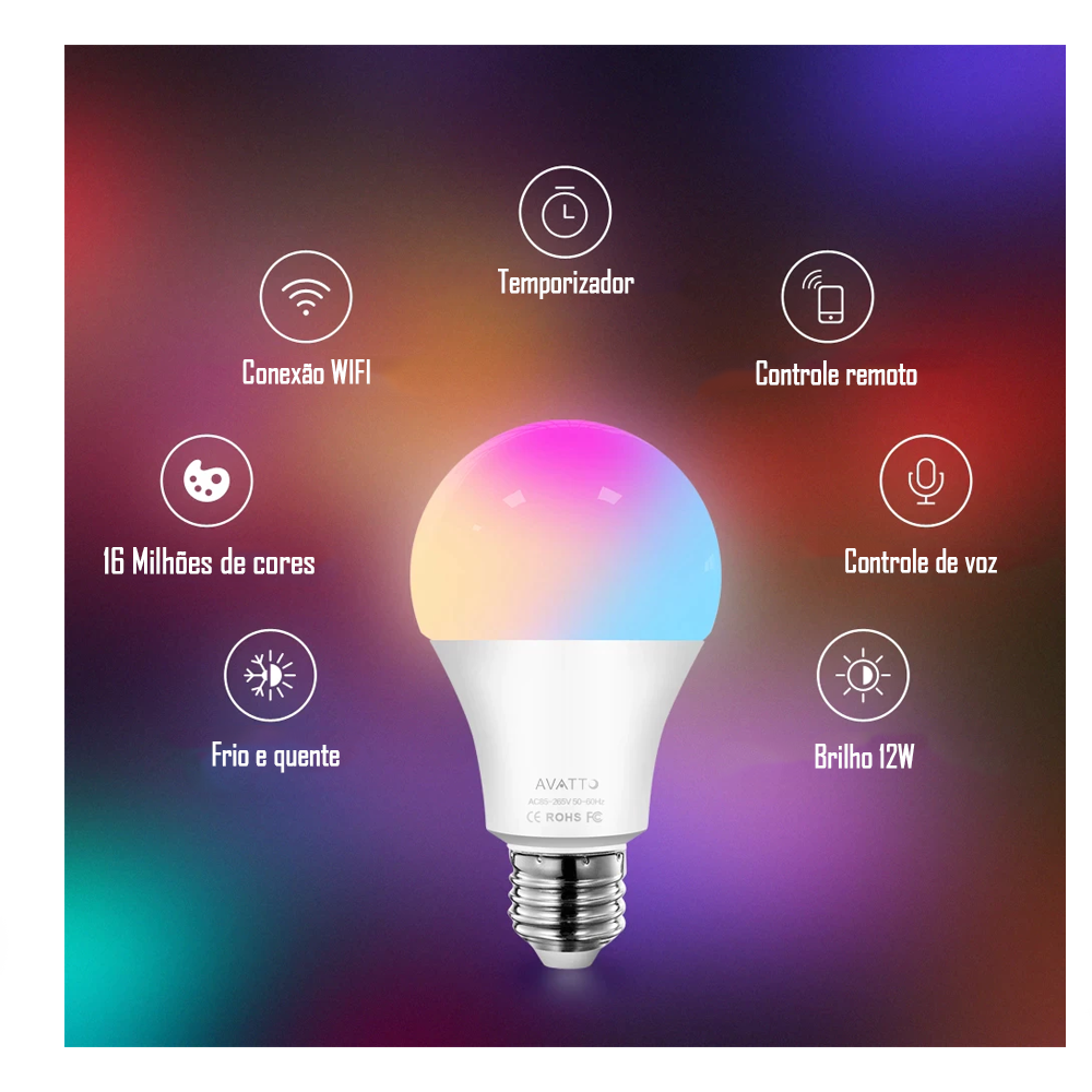 Lâmpada Inteligente Com RGB Controle Por Voz Google Assistant e Alexa Integrada- Avatto 12w