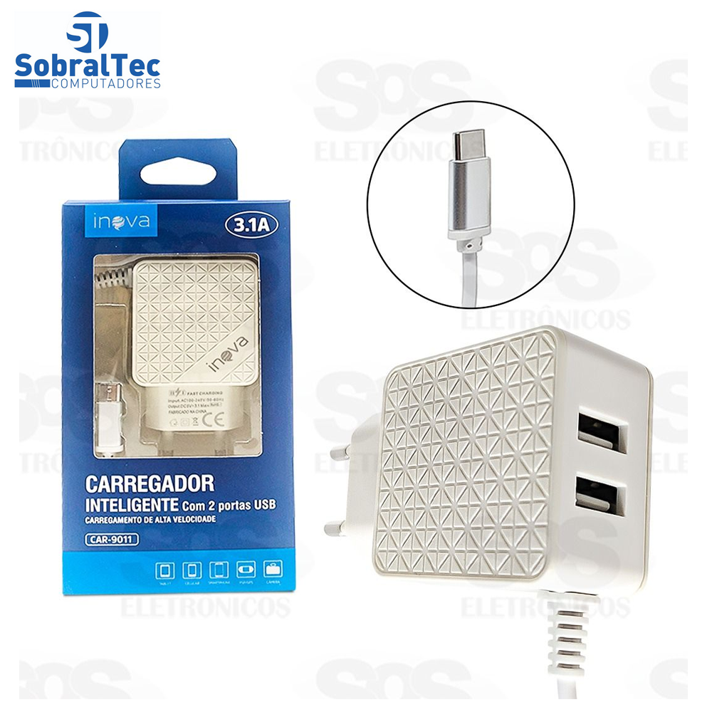 Carregador Inteligente Com 2 Portas USB Inova 3.1A - CAR-9011