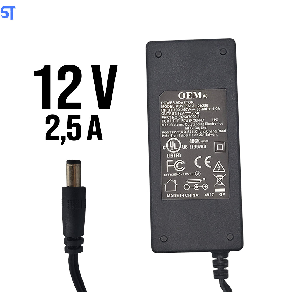 Fonte de Alimentação 12V 2.5A 30W Pino 5,2mm x 2,5mm Modelo: ADS0361-U120250