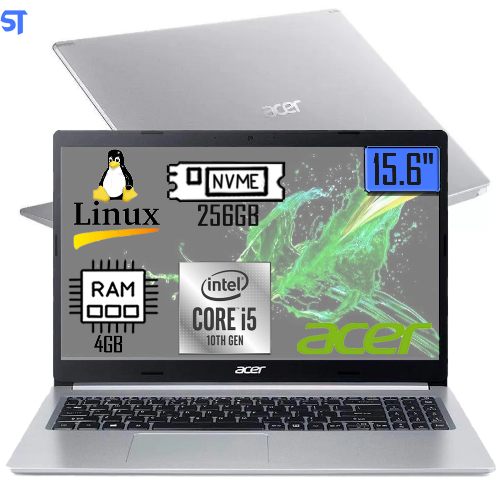 Notebook Acer Aspire 5 Intel Core i5-10210U A515-54-557C  -4GB Ram - Mvme SSD 256GB 15.6 Full HD Ultrafino, Linux, Prata