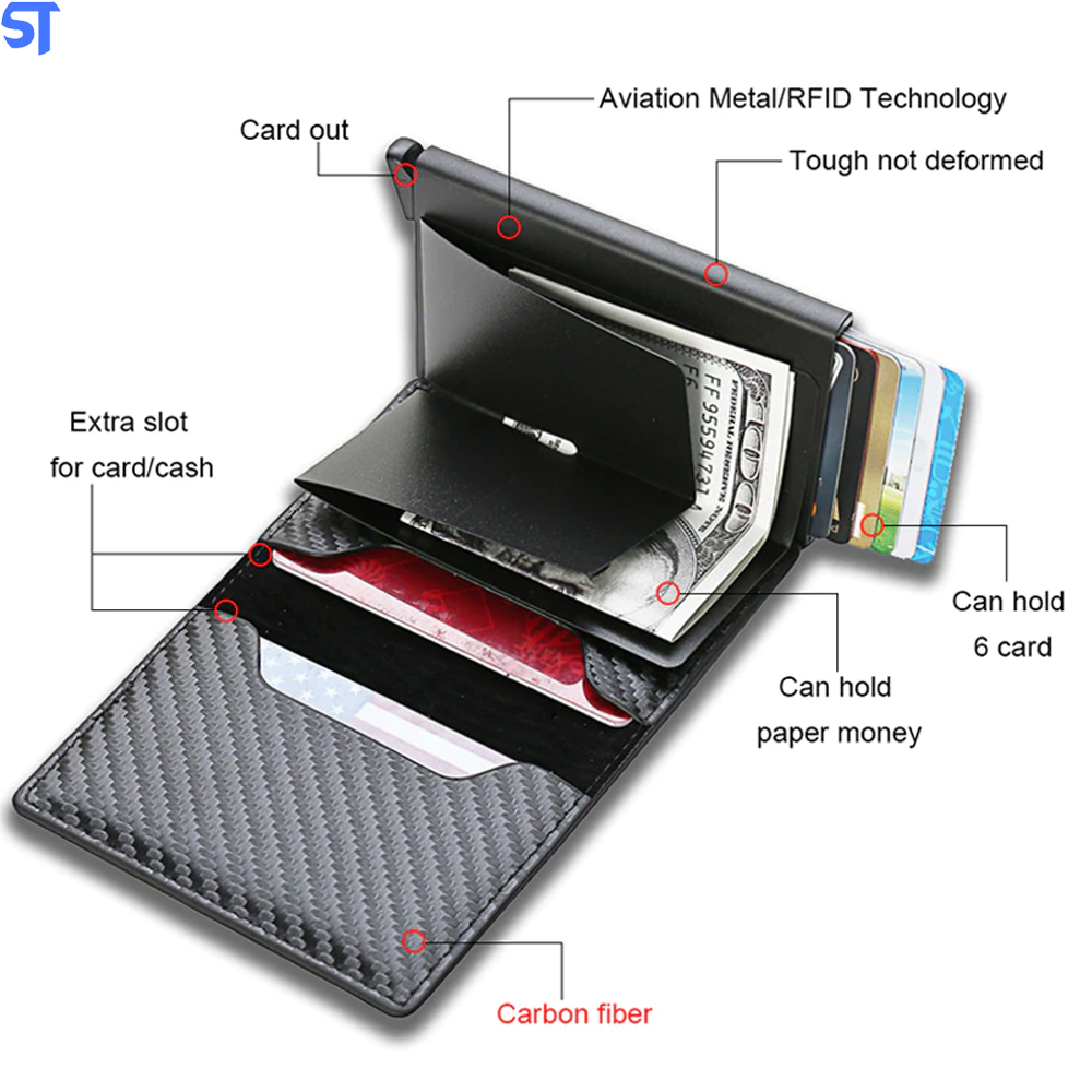 Carteira Porta Cartões Automática Fibra de Carbono Antifurto