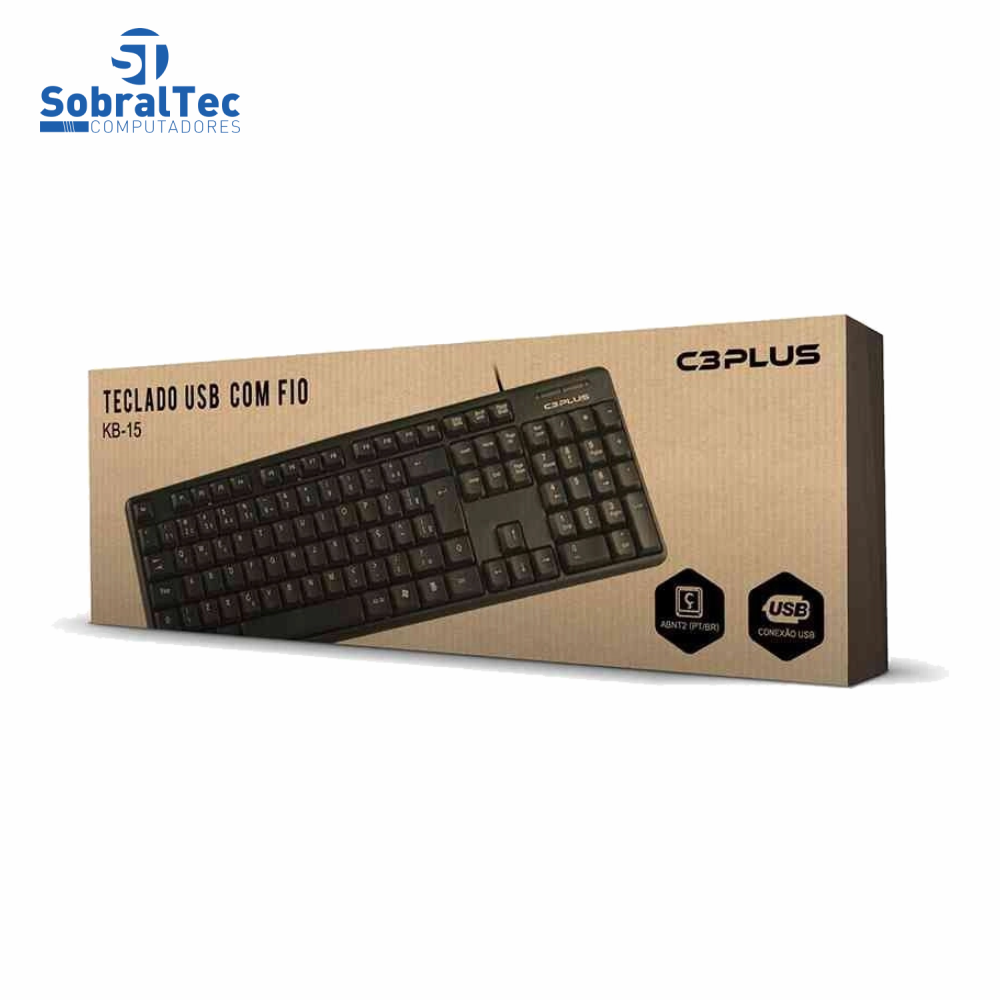 Teclado USB Membrana Padrão ABNT2 Plug And Play 1,2Mt De Cabo Preto C3Plus KB-15BK - Versão Caixa de Papel