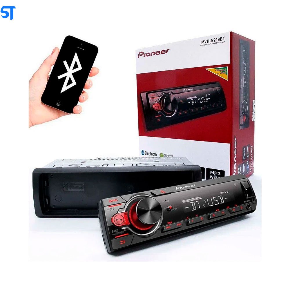 Som Automotivo Pioneer MVH-S218BT, Entrada Auxiliar Frontal, Bluetooth, Viva Voz, Entrada USB, Rádio AM/FM.