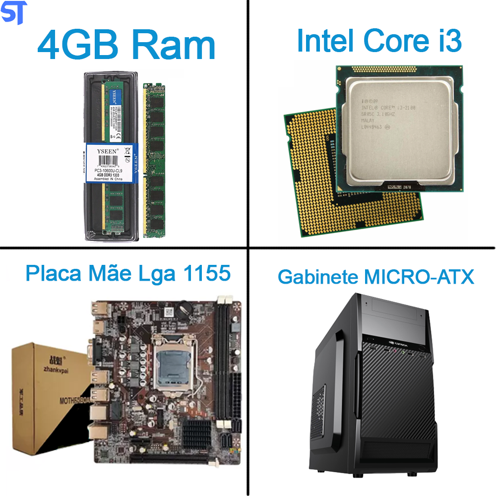 Kit Para Montagem de Computador- Placa Mãe- Processador Core i3-2100+ Memória Ram 4GB- Gabinete ATX Com Fonte e Cooler