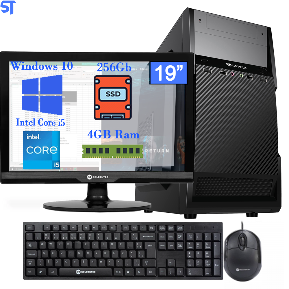 Computador Completo Intel® Core i5-2500 3.3Ghz - 4GB Ram - 256GB SSD - Monitor 19" Led - Teclado e Mouse