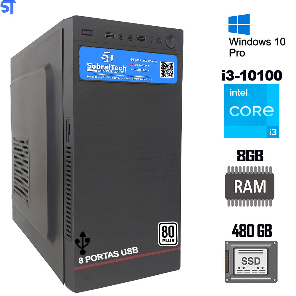 Computador Core i3-10100 -3.6Ghz- 8GB 2666Mhz DDR4 -SSD 480GB- 8 Portas USB- Fonte ATX 80Plus- Windows 10 Original