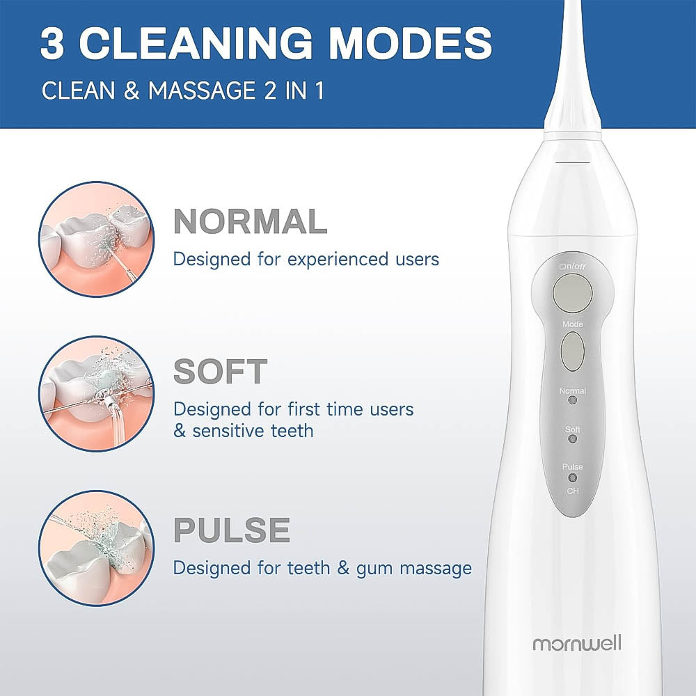 Irrigador Bucal Portátil Recarregável de 3 Modos Mornwell, 300ml e 4 Pontas de Jato Fluxo de Água Ultrafino 100/240v