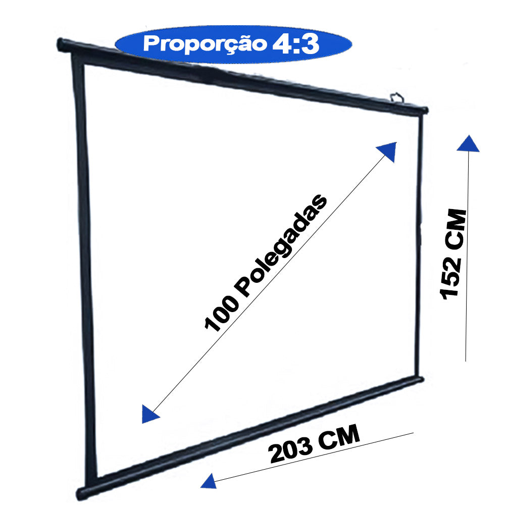 Tela de Projeção Simples Manual Com Suporte Metálico, 100 Polegadas 4:3 Largura 203Cm x Altura 152Cm TP-MS100A Exboom