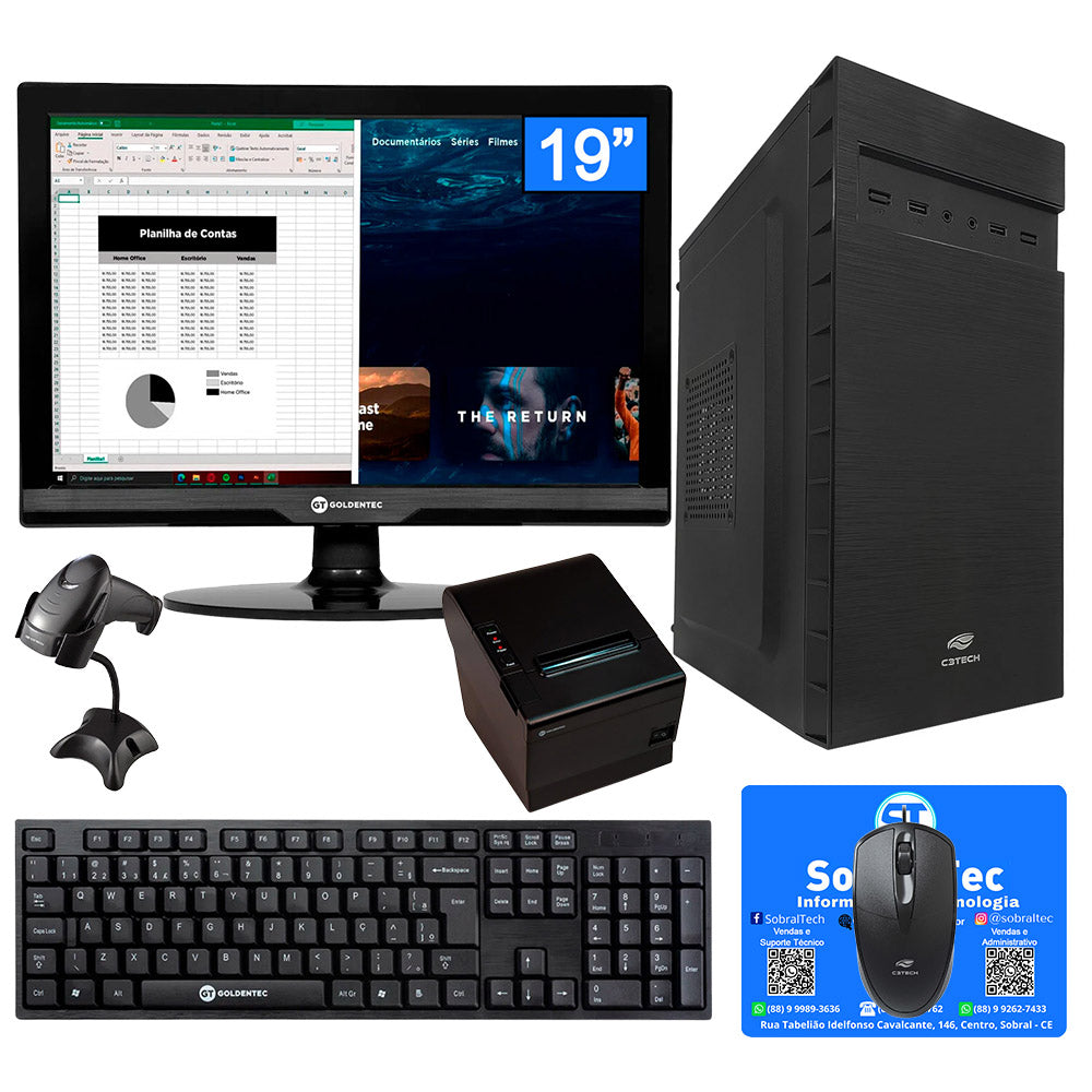 Kit Computador Caixa PDV Core i3,SSD 128GB, 8GB RAM, Monitor 19" Teclado Mouse, Impressora Cupom, Leitor Cod. de Barras