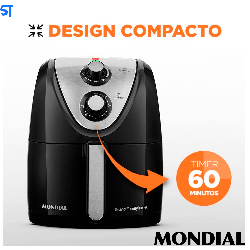 Fritadeira Elétrica sem Óleo/Air Fryer Mondial - Grand Family Inox AFN-50-BI Preto 5L com Timer