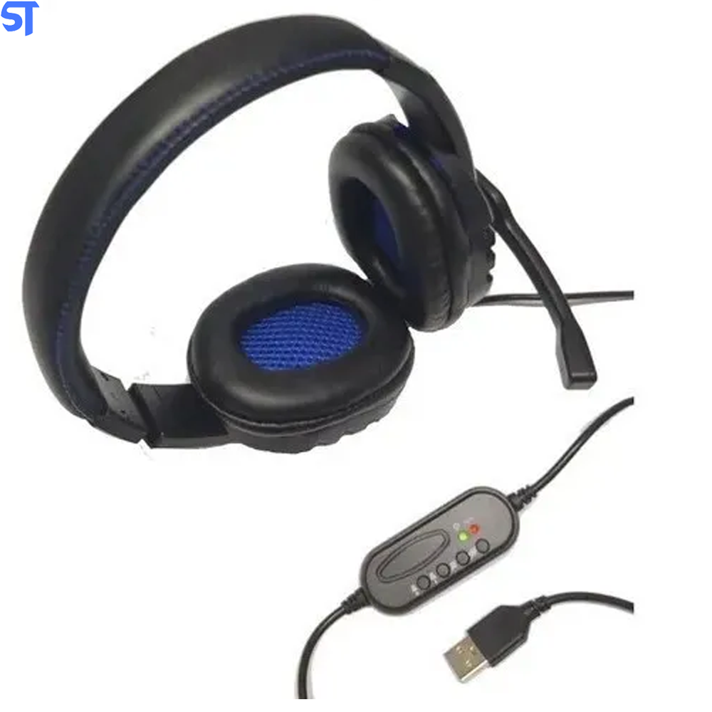 Fone De Ouvido HeadPhone Game Com Leds e Conexão Usb E Controle KP-359- Azul