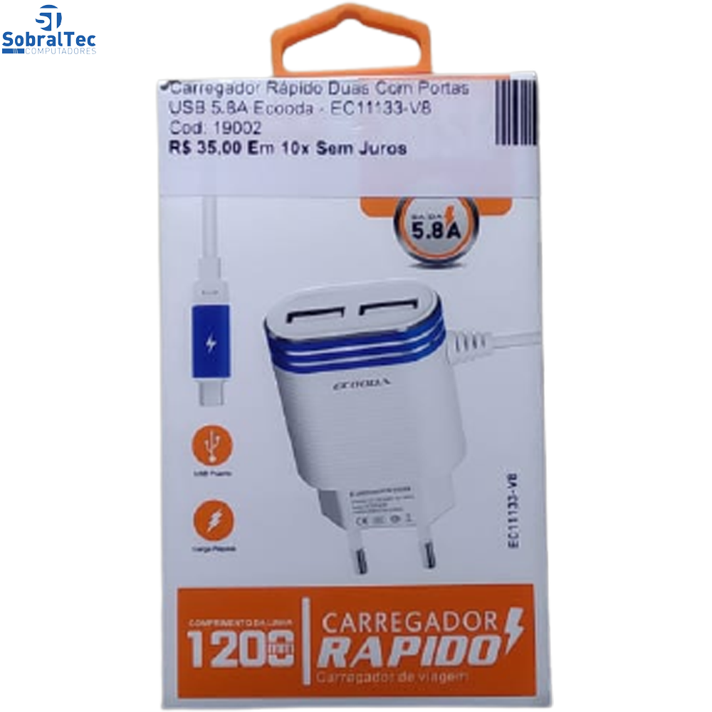Carregador Rápido Com Duas Portas USB 5.8A Ecooda - EC11133-V8