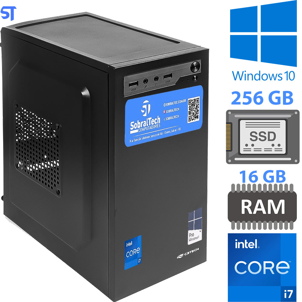 Computador Intel Core i7-3770 (3.4Ghz) - HD SSD 256GB - Memória Ram 16GB- ATX MT-27BK C3Plus- Windows 10 Pro