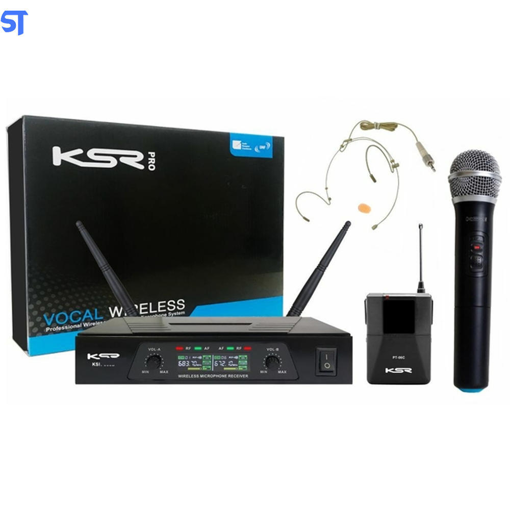 Kit Microfone Sem Fio Ksr Kt02hm + Receptor UHF com 2 Antenas + 1 Headset Kt3a + Transmissor + Microfone de Mão