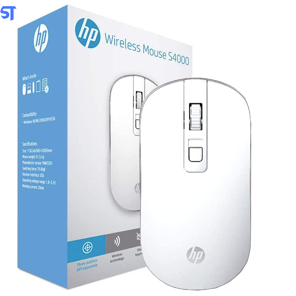Mouse Sem Fio HP S4000 Branco - Sensor Óptico Silencioso Ambidestro Resoluções até 1600 DPI - 4NE23PA