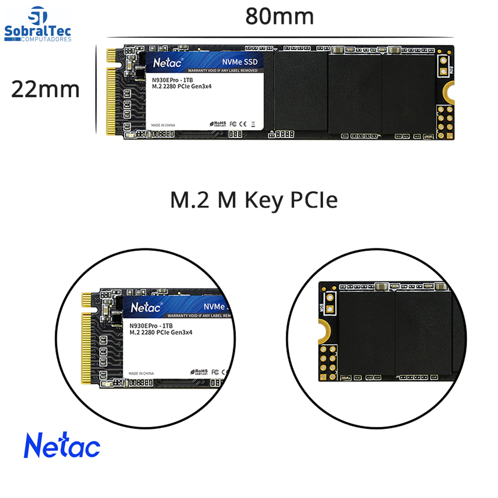 SSD M.2 NVMe Netac 250Gb 1970MBP/s Leitura 1250MBP/s Escrita
