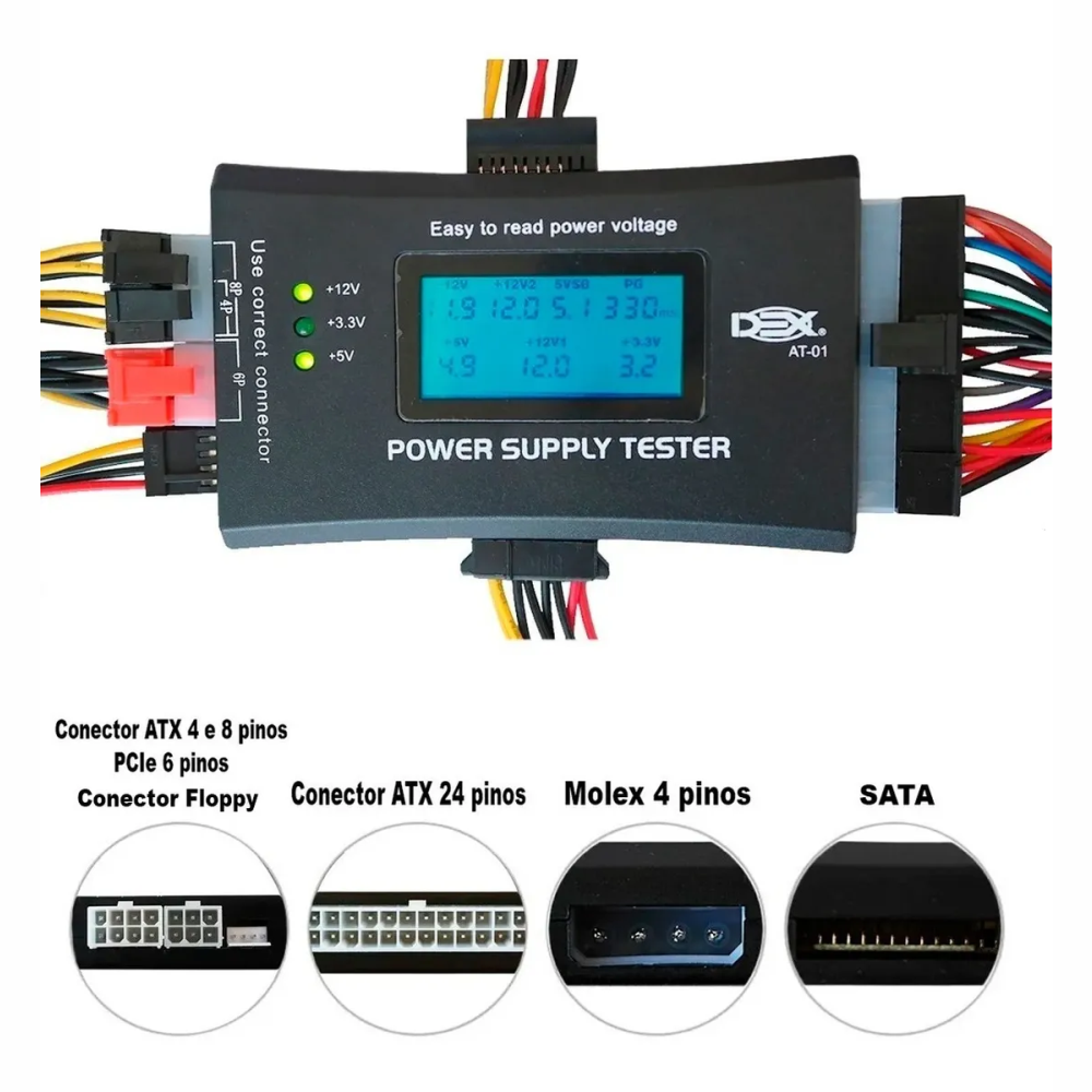 Testador De Fonte Power Supply Tester IV Com Tela LCD 20/24 Pinos Atx
