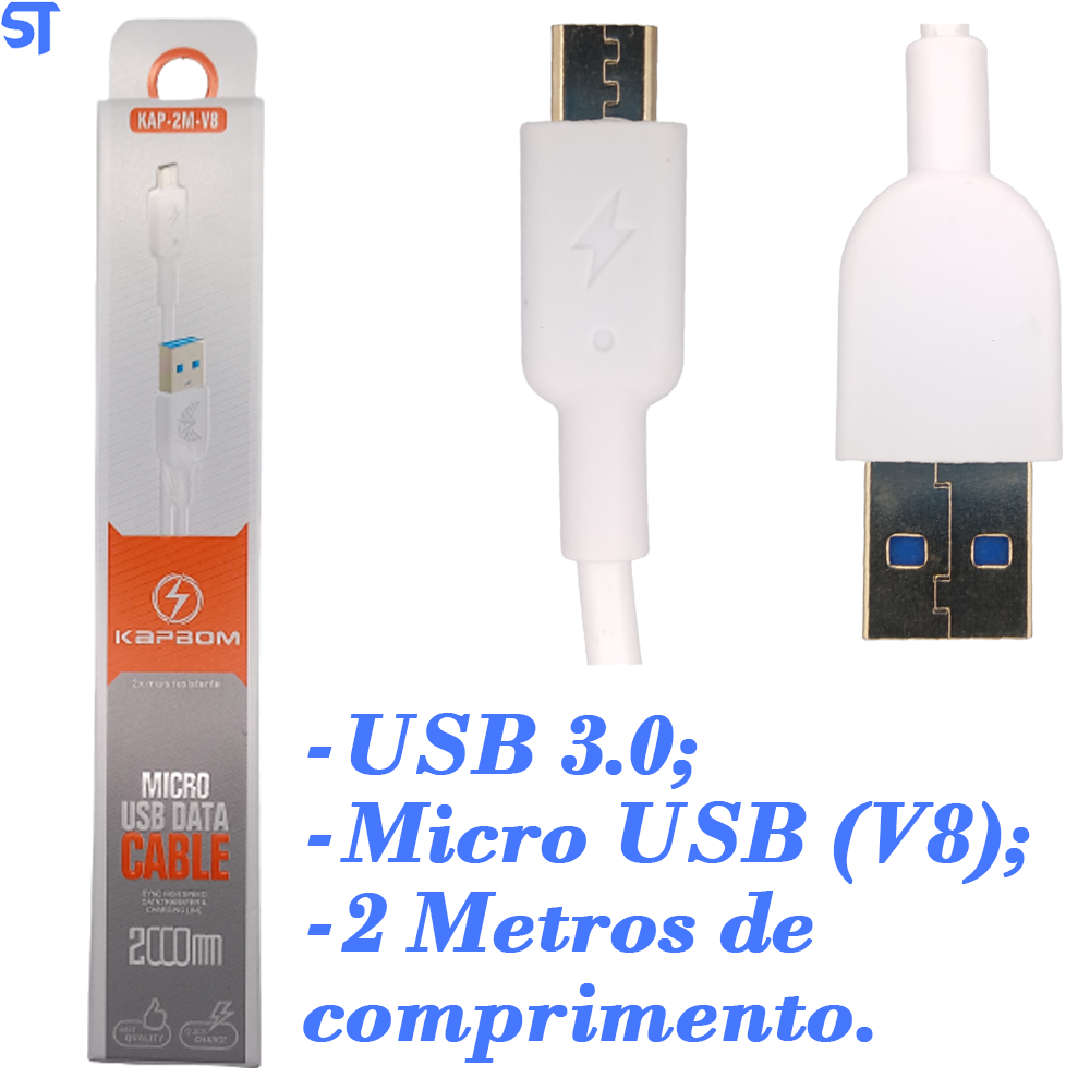 Cabo Micro USB V8 Kapbom Quick Charge 2x mais Resistente 2 Metros - KAP-2M-V8