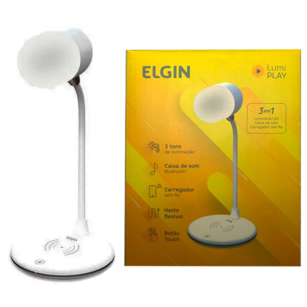 Luminária de Mesa Lumi Play LED Elgin 3 em 1 Luminaria Caixa Som e Carregador Sem Fio - Elgin - Branco
