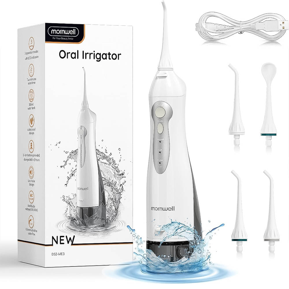 Irrigador Bucal Portátil Recarregável de 3 Modos Mornwell, 300ml e 4 Pontas de Jato Fluxo de Água Ultrafino 100/240v