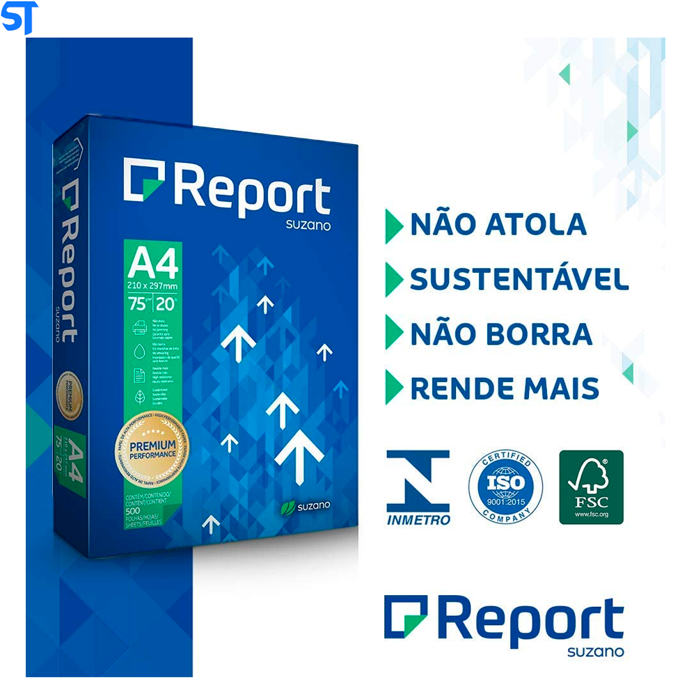 Caixa Com 5 Resmas de Papel A4 Sulfite Report Premium 75G 500 Folhas 210mm x 297mm