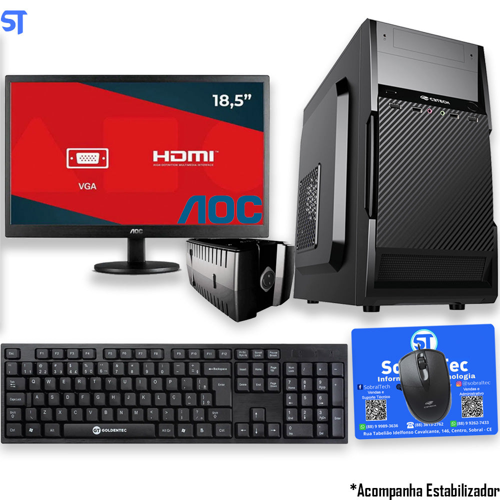 Computador Core i3-2100-HD SSD 240GB Kingston- Ram 8GB- Com Monitor 18.5 AOC  HDMI- Estabilizador Teclado Mouse e MouseP