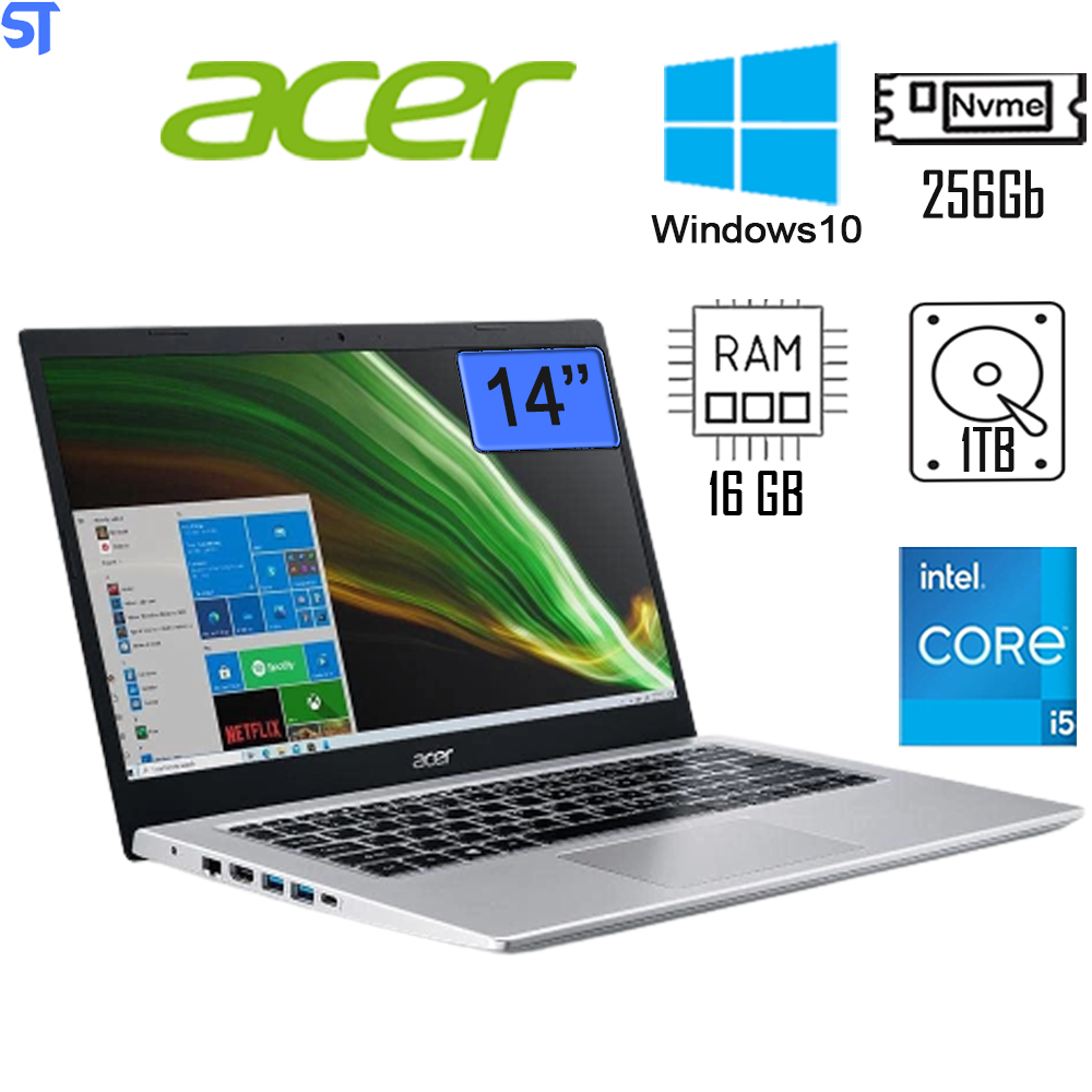 Notebook Acer Intel Core i5 11ª Gen-Ram 16GB-SSD NVMe 256GB + HD 1TB- Aspire 5 A514-54-54LT Windows 10 Home 14' Full HD