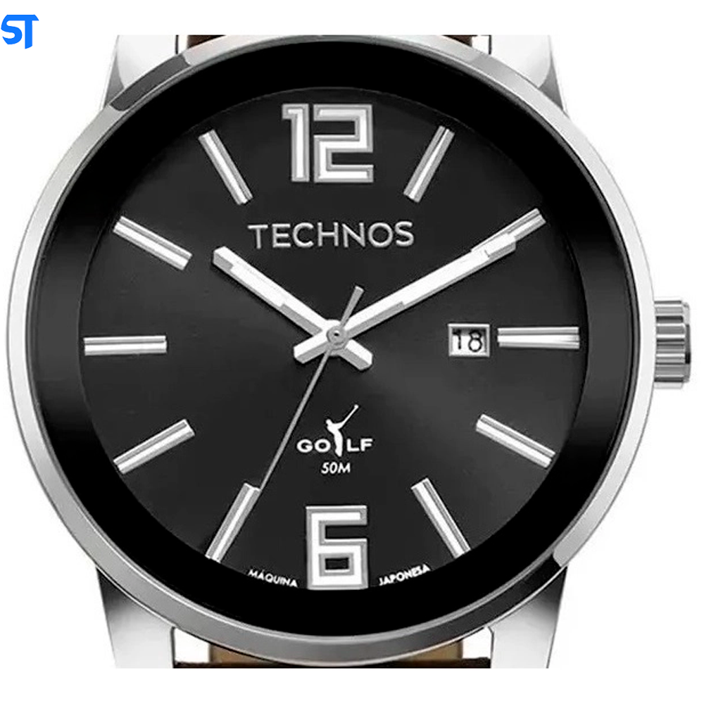 Relógio De Pulso Technos Social Pulseira De Couro Marrom Prata Masculino Golf 2115mxb/0p