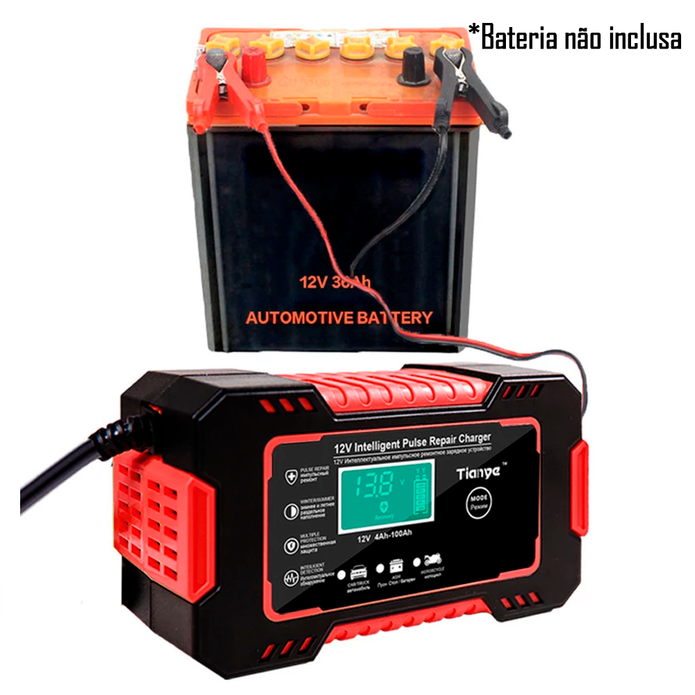 Carregador de Bateria de Carro 12V Carga Rápida Com Display Lcd Inteligente - Vermelho
