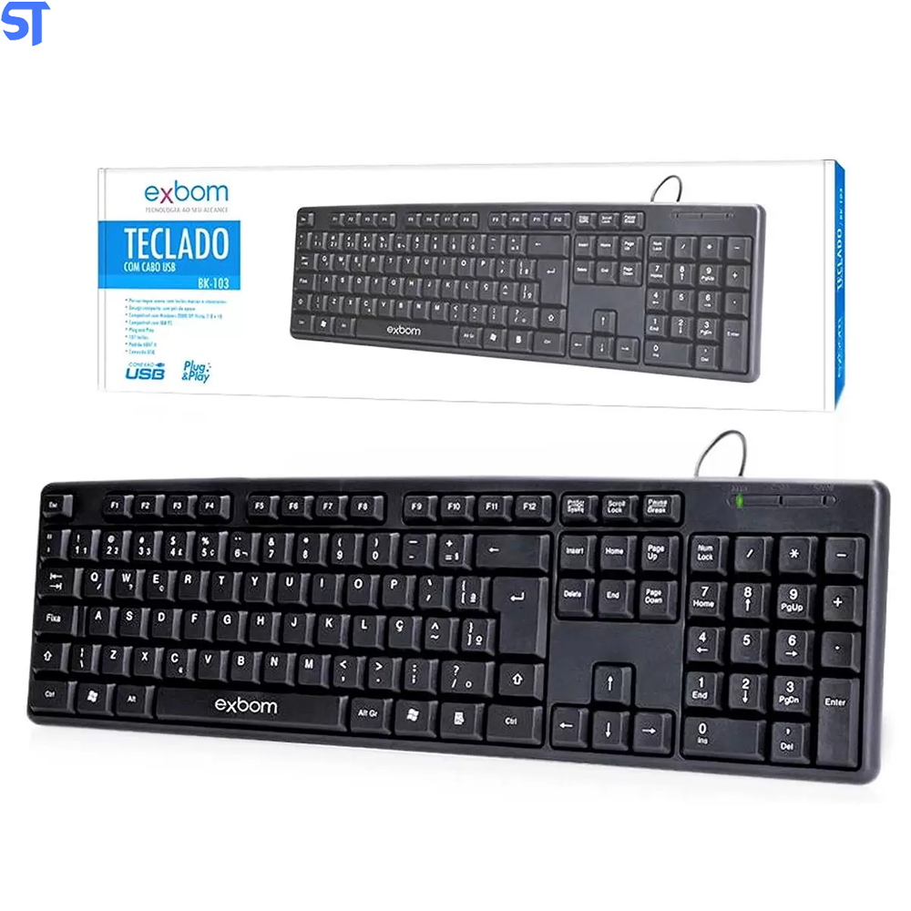 Teclado USB Ergonômico Slim Standard ABNT2 Padrão Brasileiro 03064 EXBOM -BK-103