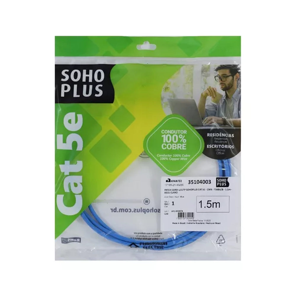 Patch Cord CAT.5e Furukawa SohoPlus Gigalan, 1.5m, Azul Claro, T568A/B - 35104003