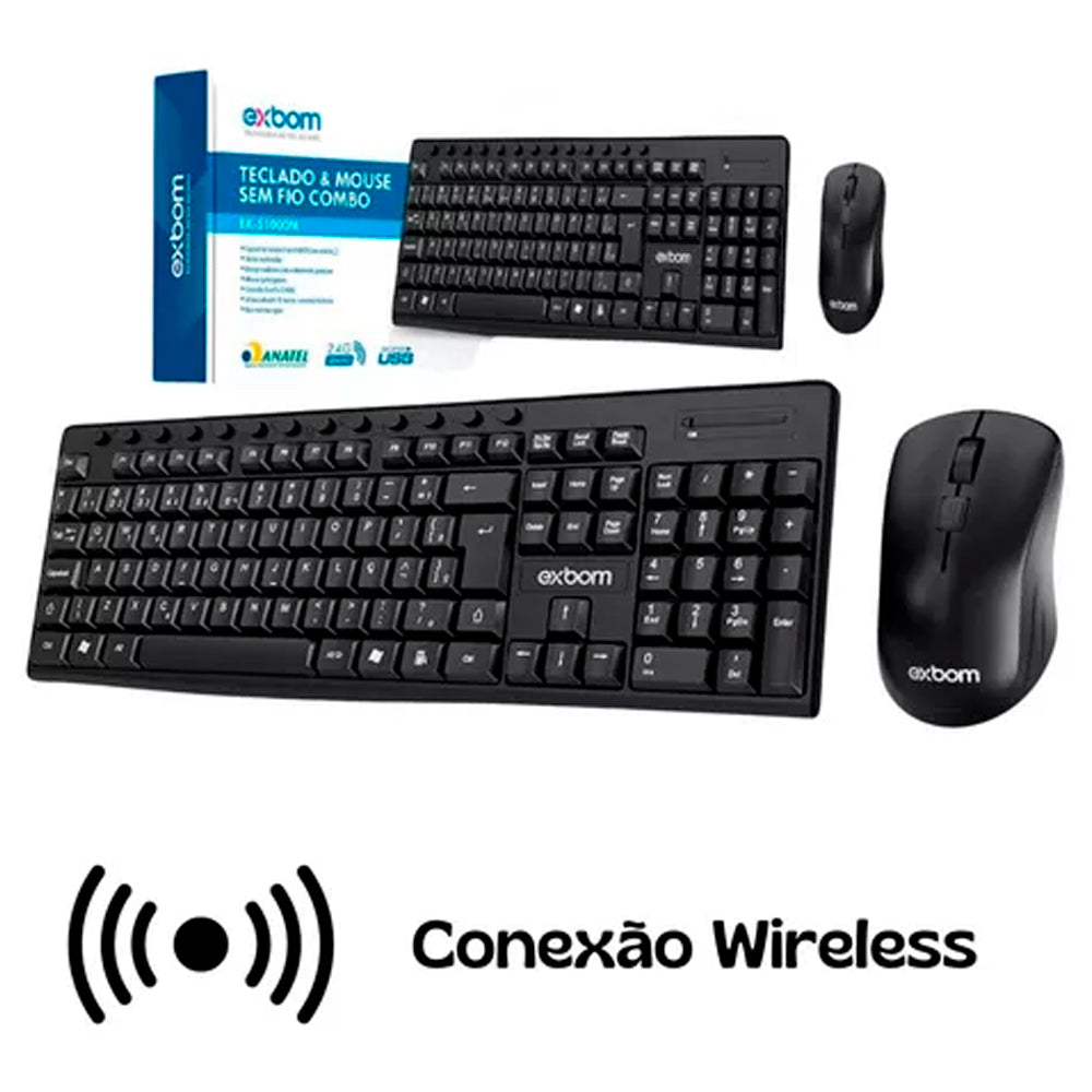 Teclado e Mouse Sem Fio Wireless ABNT II 2.4Ghz Multimídia Exbom BK-S1000M-04255 Preto