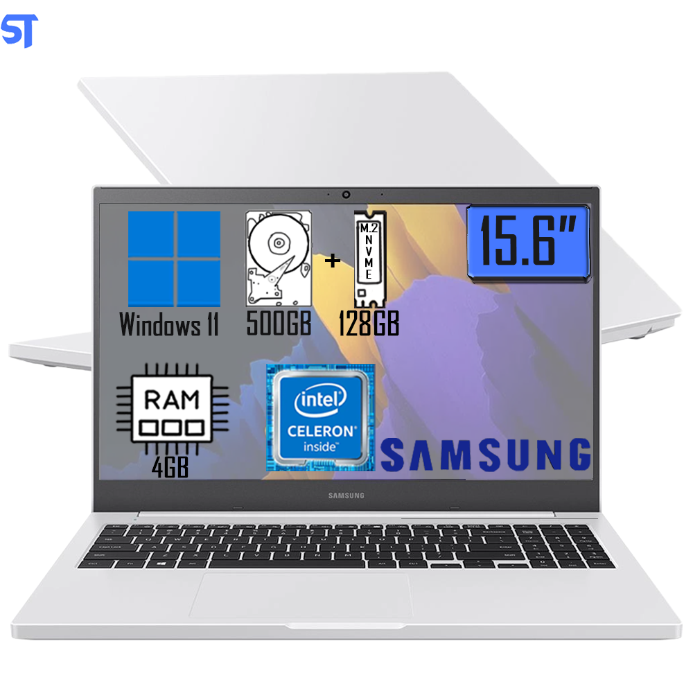 Notebook Samsung Book Intel Celeron 4GB- SSD M.2 de 128GB e 500GB HD 15.6
