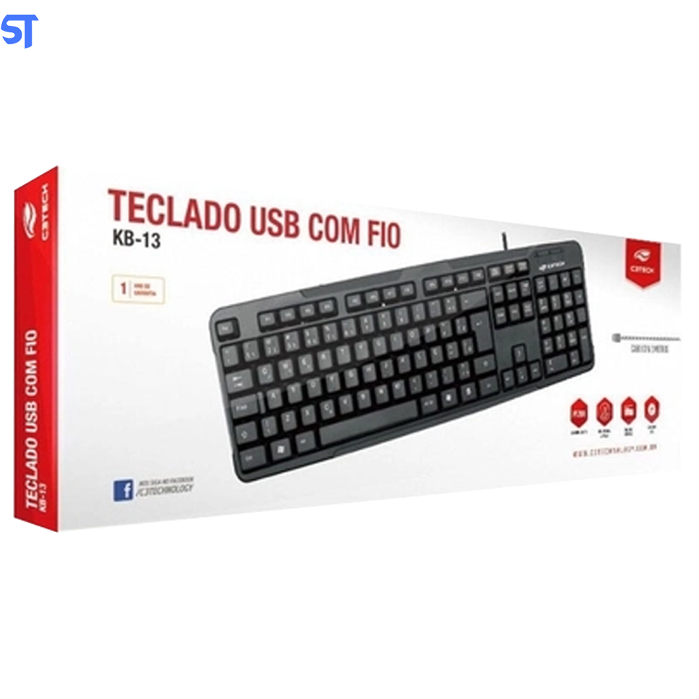 Teclado USB Padrão KB-15BK ABNT2 Plug And Play 1,2Mt De Cabo Preto C3Plus