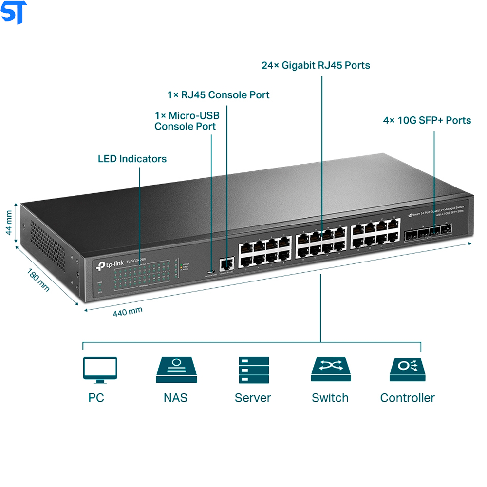 Switch Gerenciável 24 Portas Gigabit L2+ Com 4 Slots SFP+ 10GE JetStream TL-SG3428X TP-Link