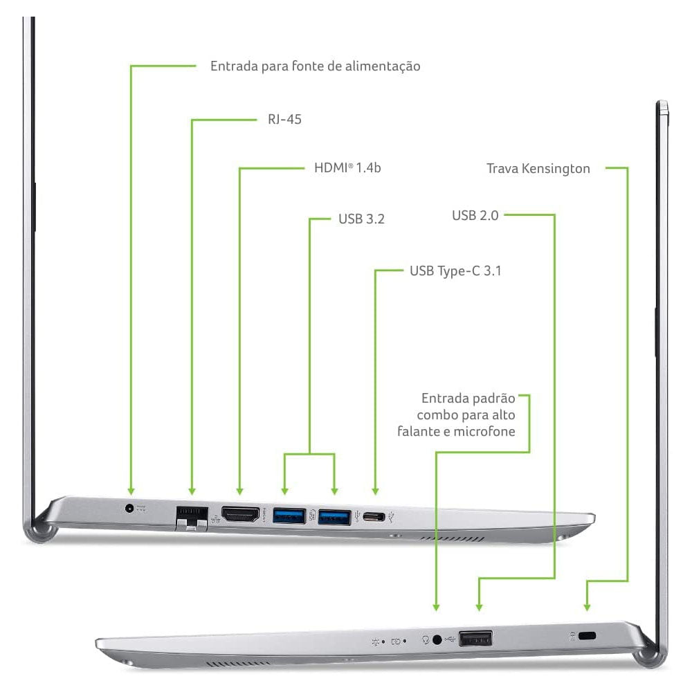 Notebook Acer Aspire 5 Intel Core i5 10210U 10ªGen 8GB 512GB SDD Nvme -A515-54-58KB  Prata Puro Com Windows 11 Home 15.6