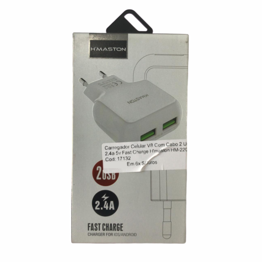 Carregador Celular V8 Com Cabo 2 Usb 2.4a 5v Fast Charge H'maston HM-220