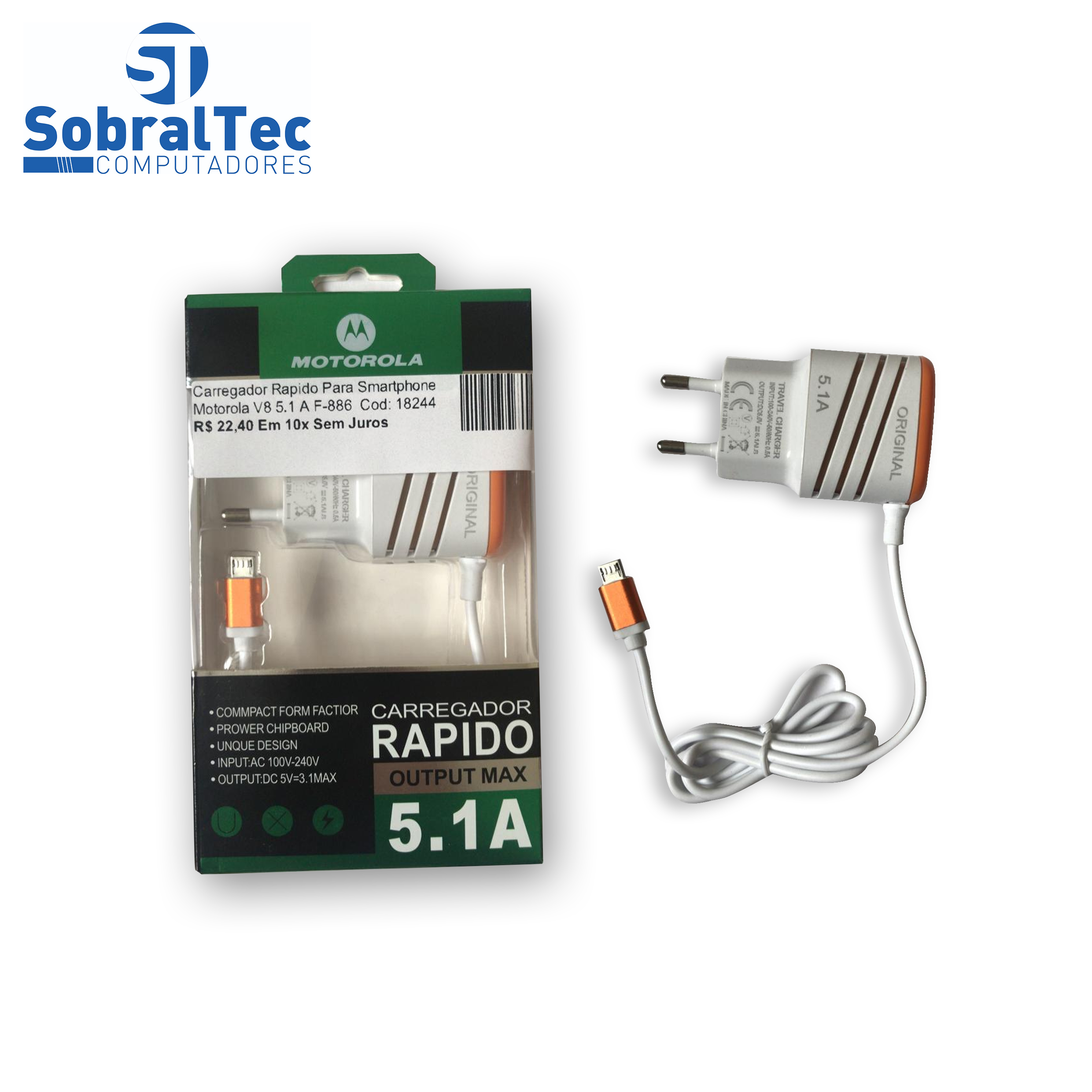 Carregador Rapido Para Smartphone Motorola Samsung V8 5.1 A F-886