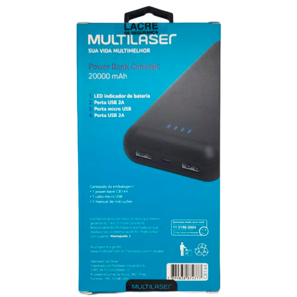 Carregador Power Bank Portátil Universal Multilaser 20.000Mah - CB144