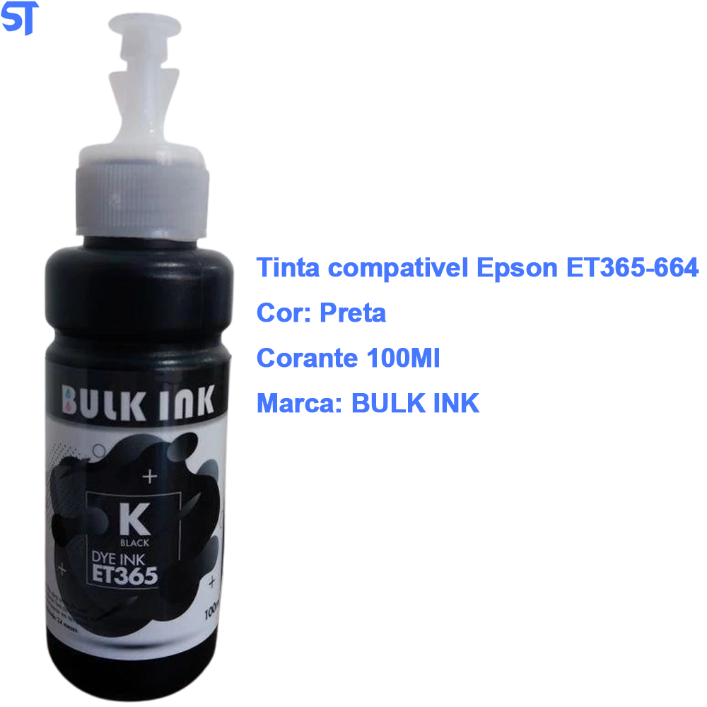 Refil Tinta Corante Epson-Hp Et 365-664 Bulk Ink Preto 100ml