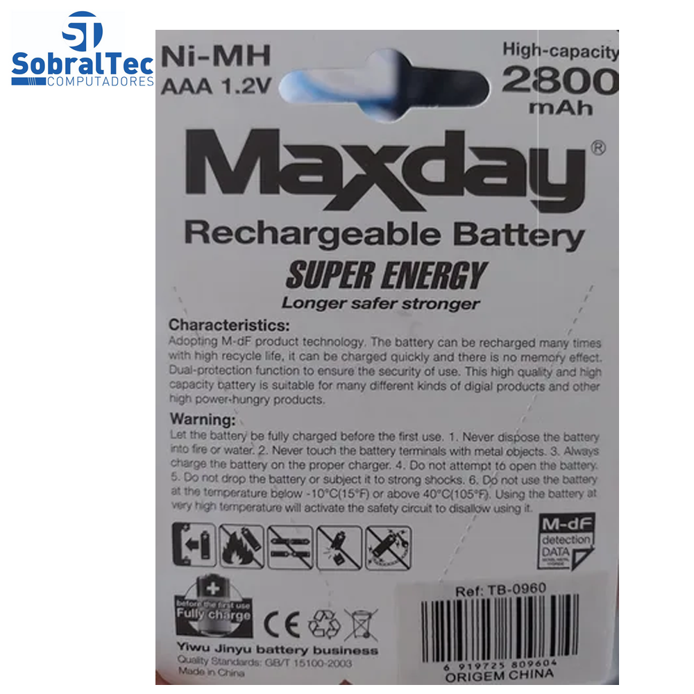 Pilhas Recarregáveis AAA De 2800mah 4 Unid -MaxDay Ni-MH
