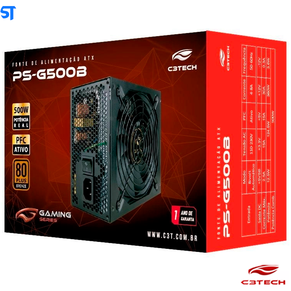 Fonte ATX Gamer Real 500W 80 Plus Bronze Series PFC Ativo PS-G500B C3Tech