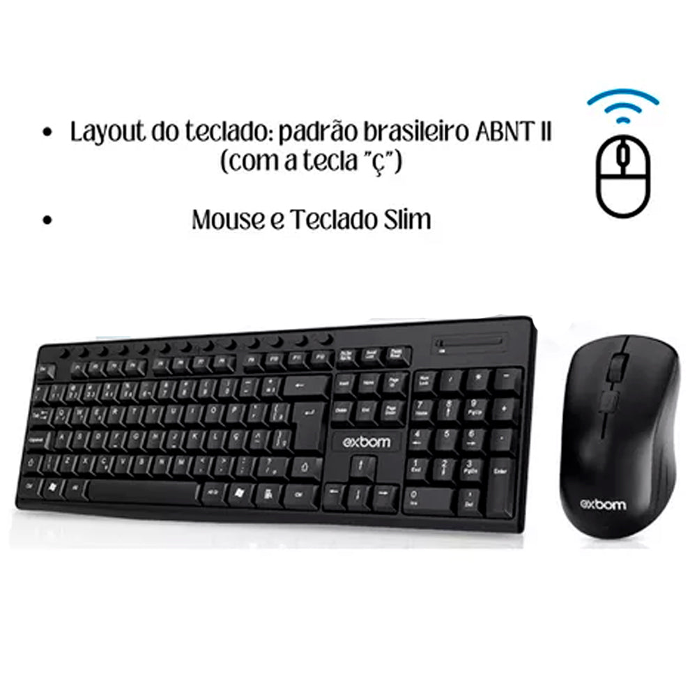 Teclado e Mouse Sem Fio Wireless ABNT II 2.4Ghz Multimídia Exbom BK-S1000M-04255 Preto