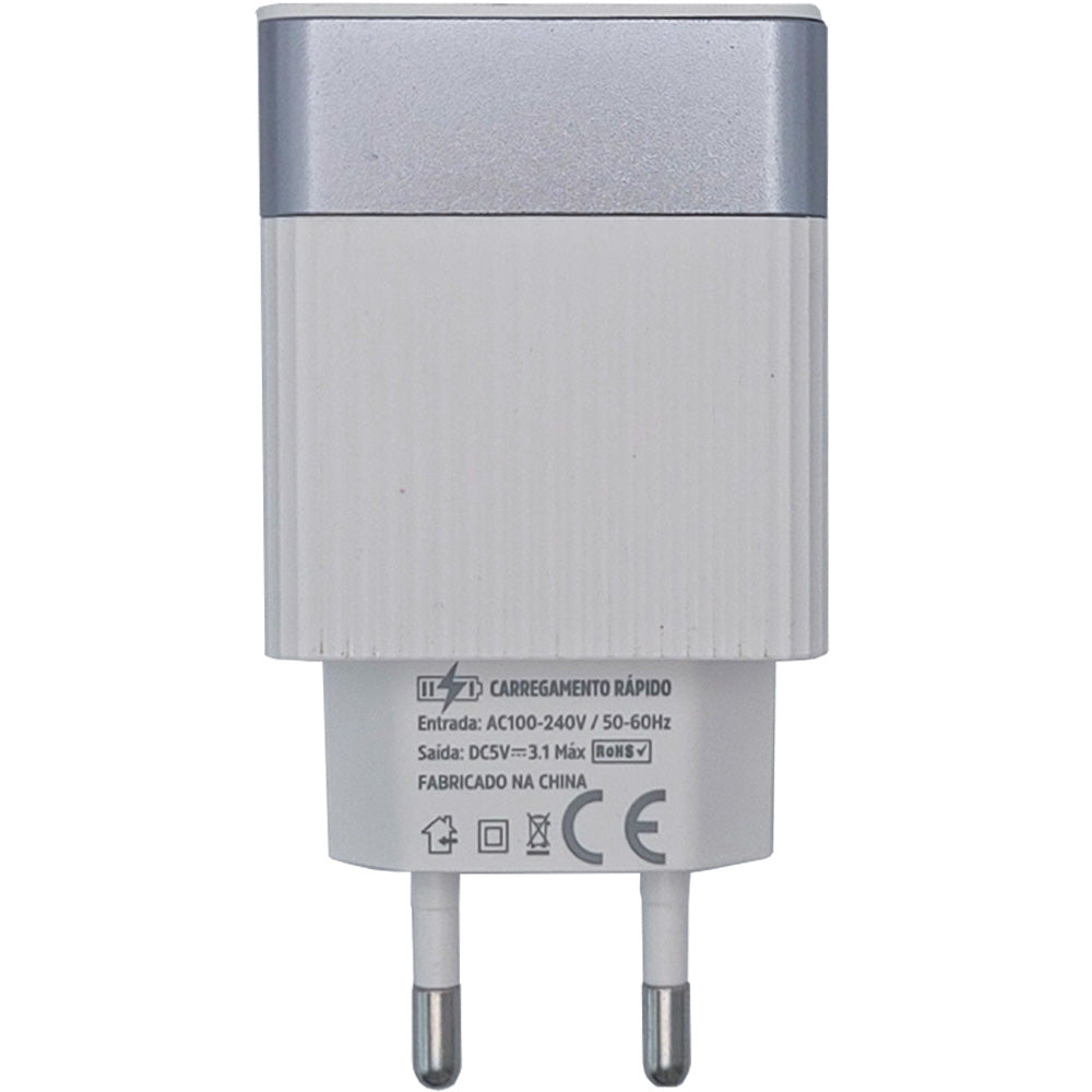 Fonte Carregador Rápido Com 2 Portas USB A 3.1A Inova Branco Com Cinza - KV-5247